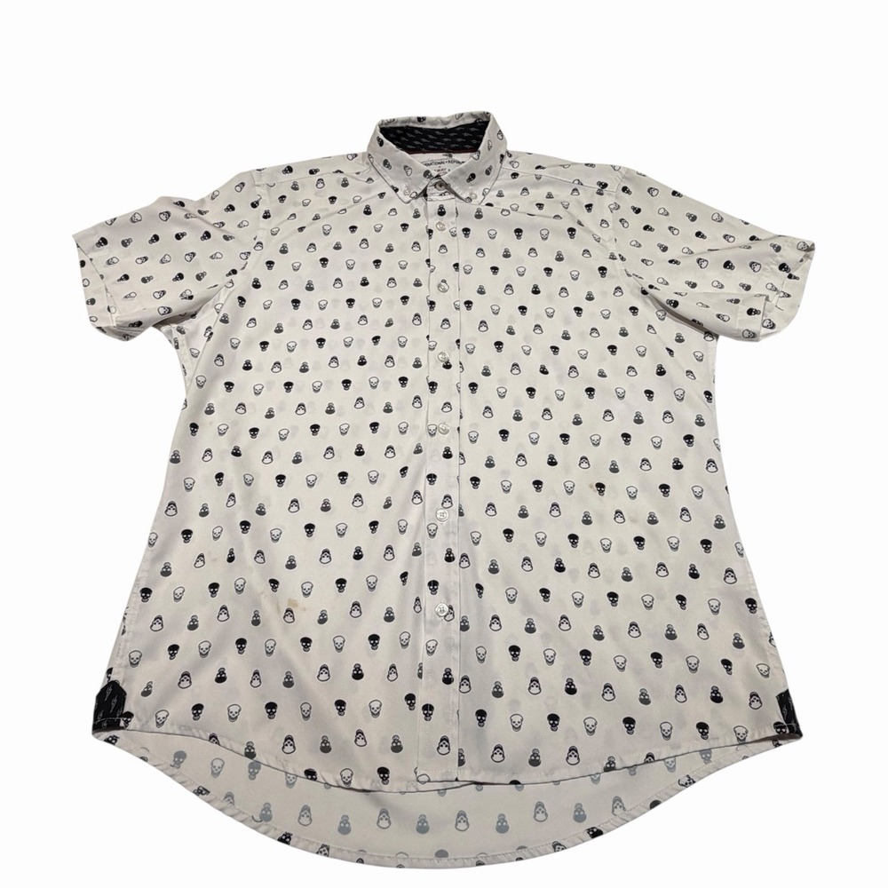 International Report Skull Print Shirt L White Stretch Casual Button Down Mens